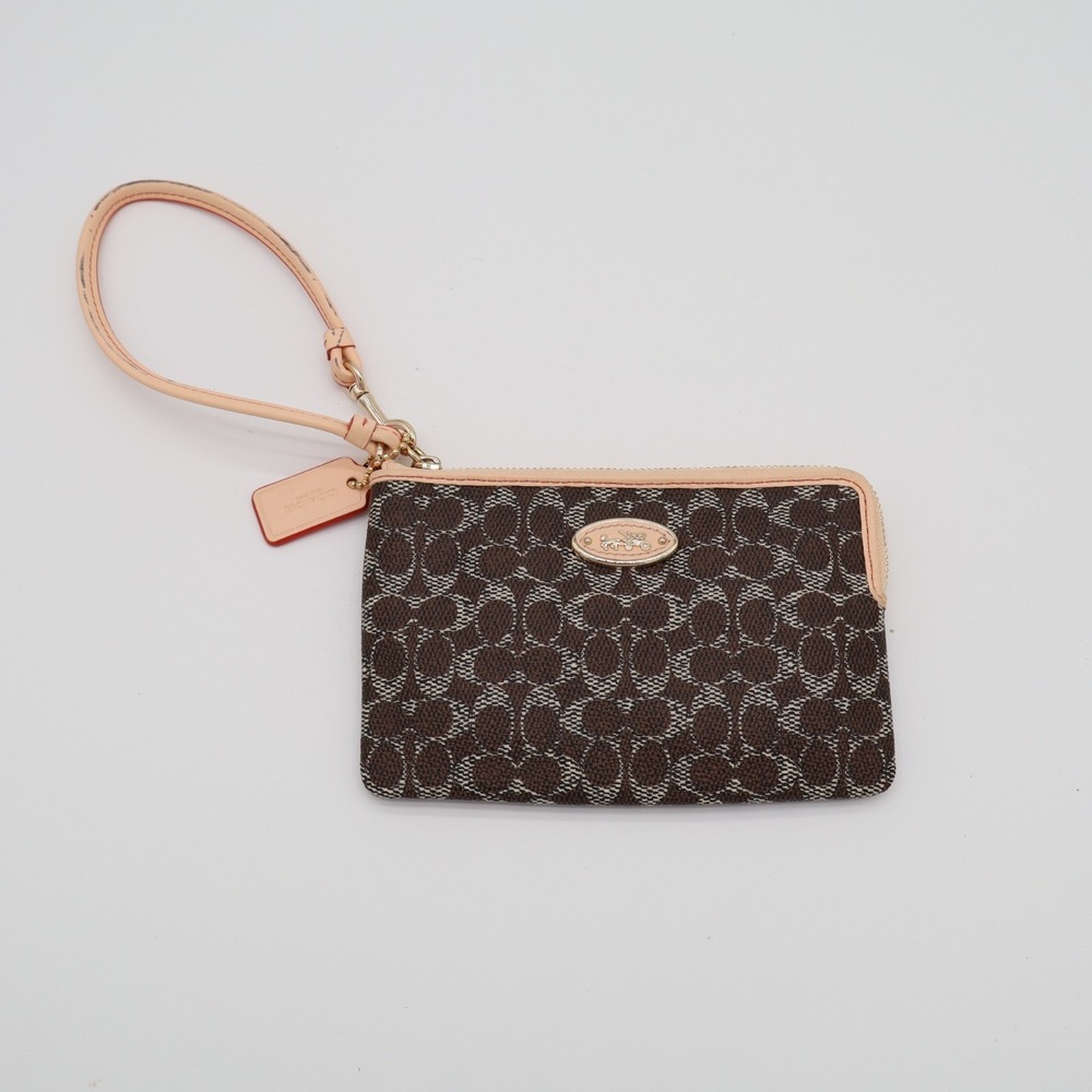 Coach Corner Zip Womens Brown Signature Canvas Inner Pockets Wristlet Wallet - Picture 1 of 8